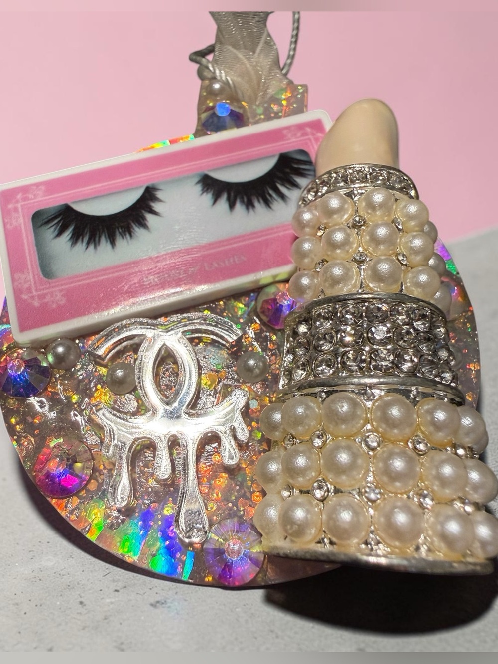 Handmade Double CC Christmas Ornament Pink Glam Lipstick Lashes Pearls Rhineston